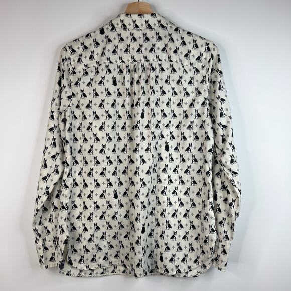 Talbots French Bull Dog Blouse Small Black White Cotton Novelty Print Button Top - Picture 3 of 12